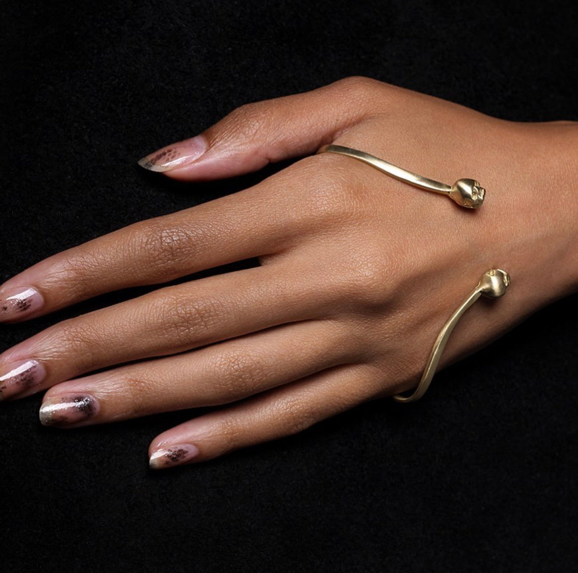 Black Silver Leaves Hand Palm Cuff bracelet in Gold | Amorium Jewelry